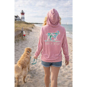 Buddy by the Sea Hoodie Large Pink Dog Surfboard Graphic V-Neck Thumbholes Beach